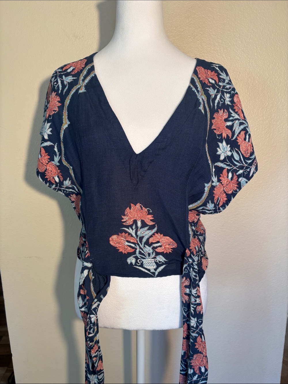 Free People Navy Top with Coral Floral Print